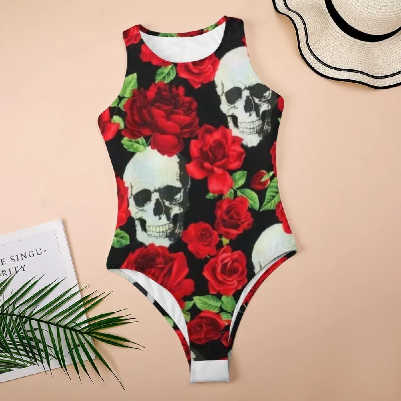 Women's Red Rose Skull Floral Bodysuit