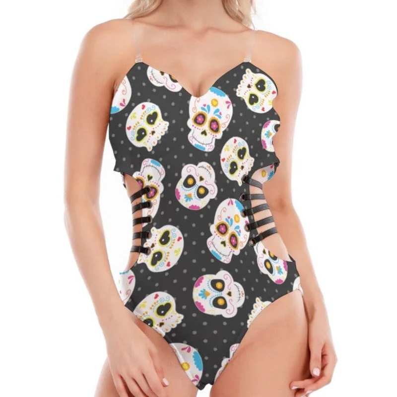 Women's Sugar Skulls Bodysuit With Side Black Straps