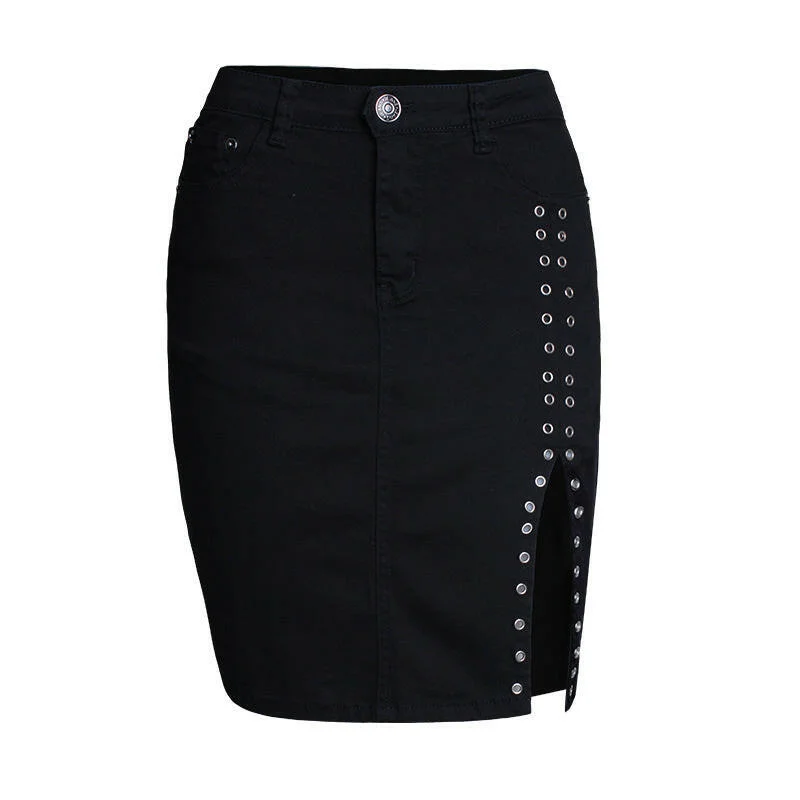 Women's New High Waist Slim Fit Hip Raise Thin Ladies Skirt Metal Rivet Slit Skirt