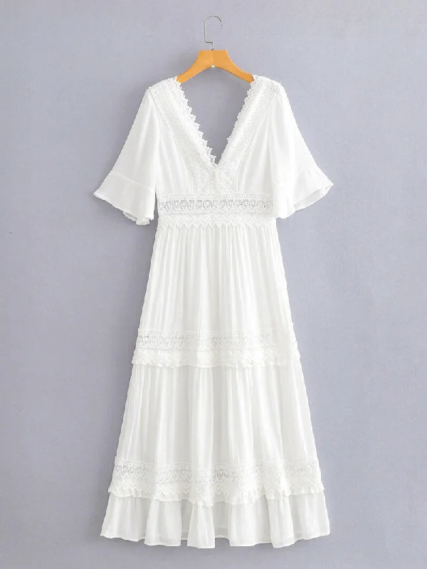 Spring Women's New Wholesale Short Sleeve V-Neck Lace Long Dress