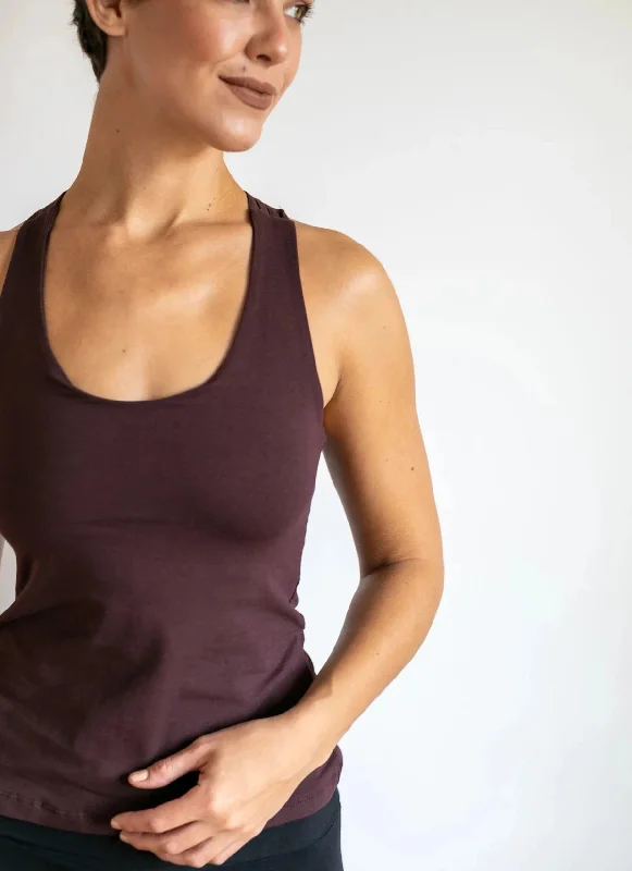 Faith Strappy Yoga Tank Top with Built in Bra in Eggplant