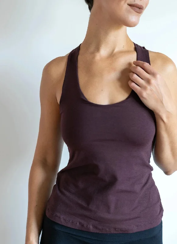 Faith Strappy Yoga Tank Top with Built in Bra in Eggplant