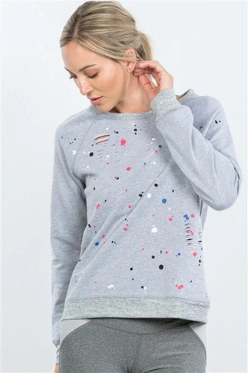 Grey Paint Splatter Distressed Front Pullover