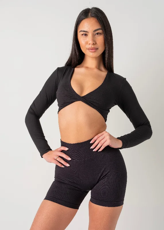 LONG SLEEVE TWIST CROP - BLACK