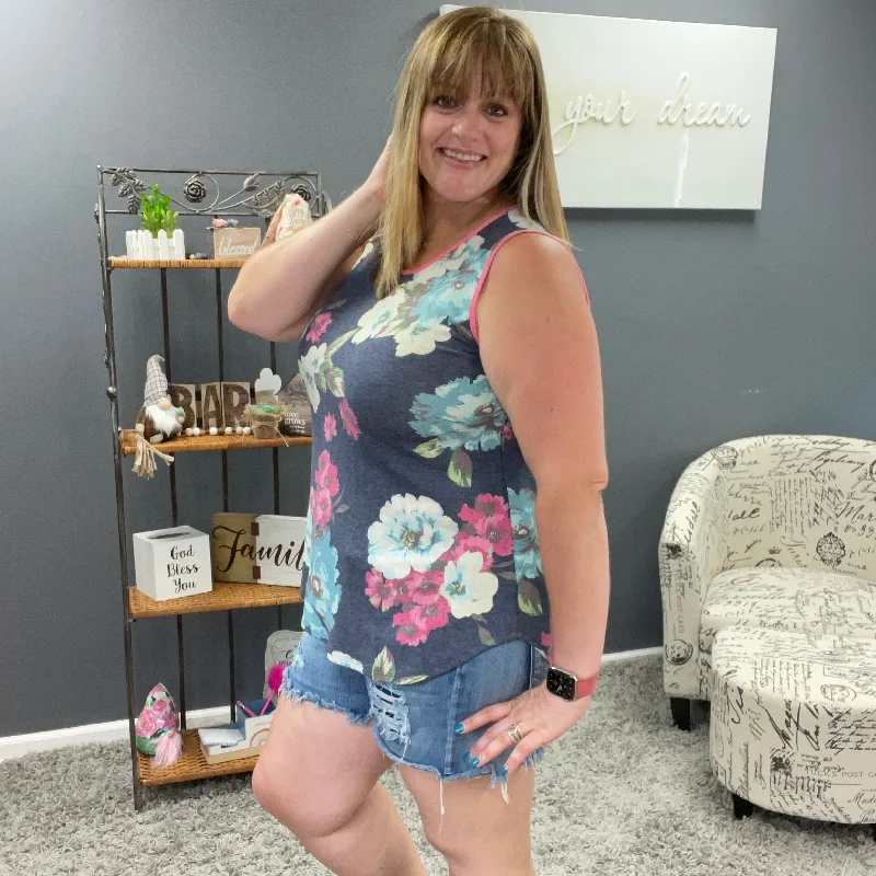 Navy Sleeveless Floral Tank with Trim