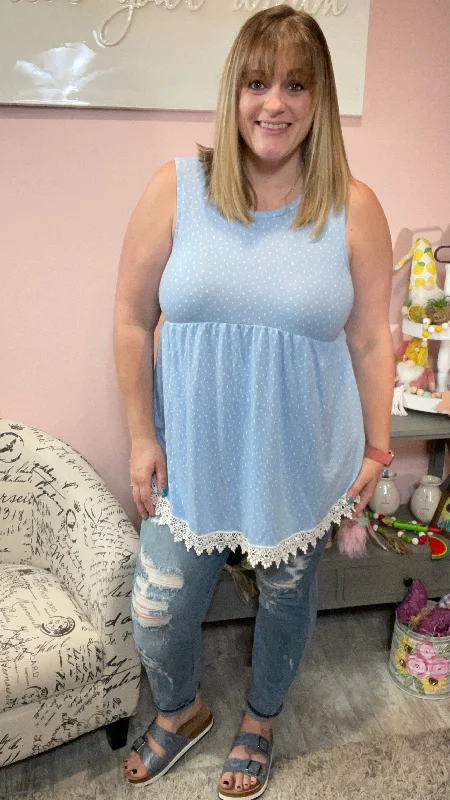 Powder Blue Sleeveless Babydoll Tunic with Lace Details