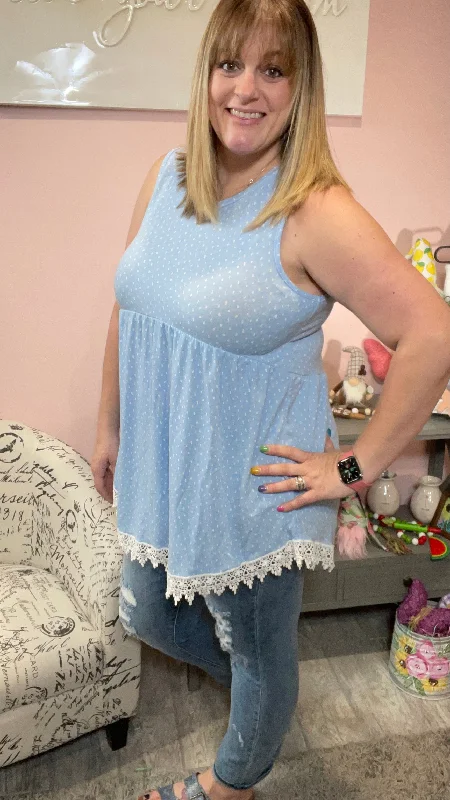 Powder Blue Sleeveless Babydoll Tunic with Lace Details